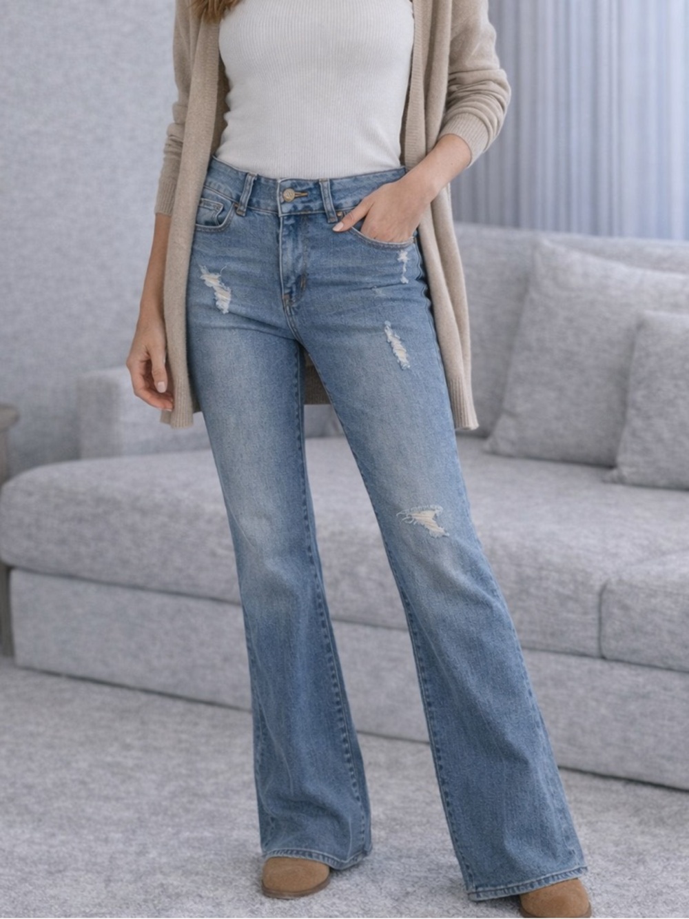KDF | Distressed High-Rise Flare Jeans